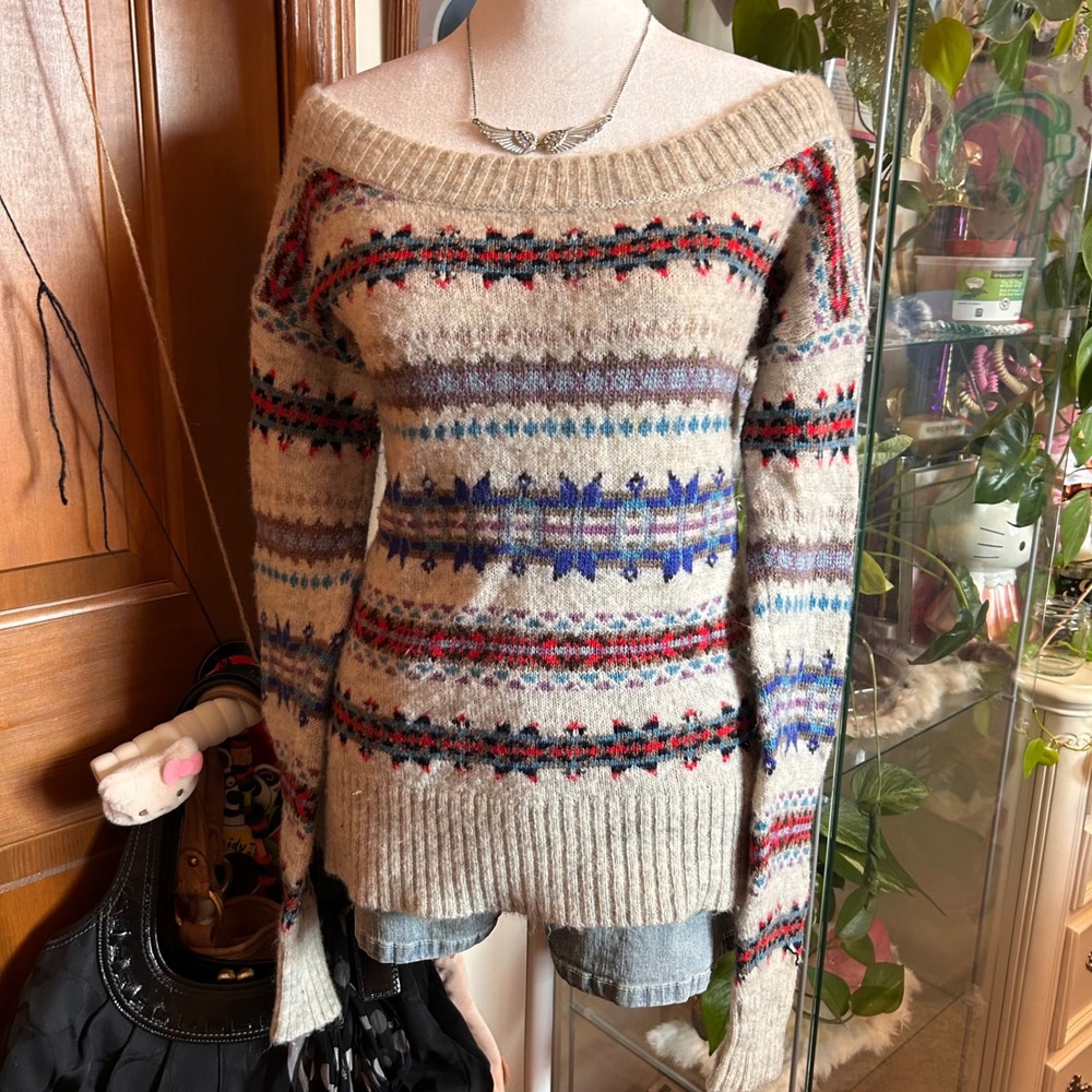 Y2K American Eagle Fair Isle Boat Neck Wool Blend Knit Sweater Womens Small